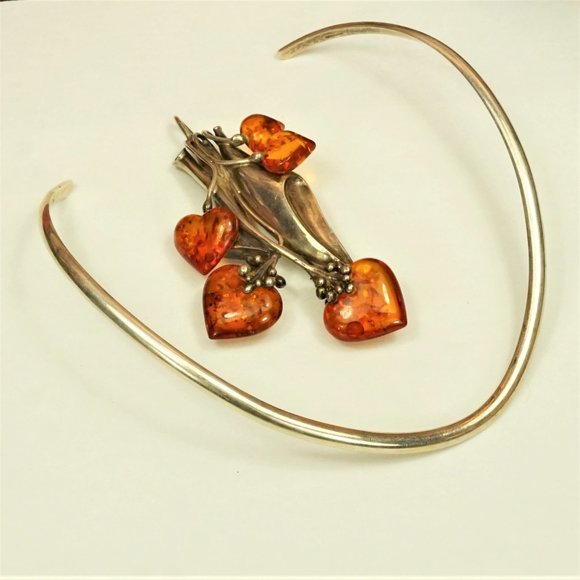 MASSIVE AMBER STERLING PENDANT & BROOCH WITH OMEGA WIRE NECKLACE, RARE JEWELRY - Picture 12 of 16